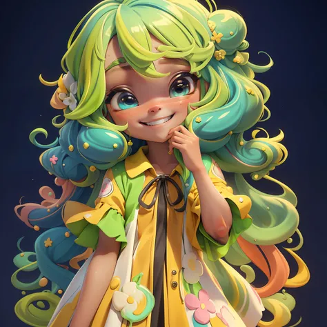 Loli girl, Slime cabelo multicolorido estilo de cabelo, multicolorido, sorriso e olhos delicados, vestido de noite extravagante, fundo simples, Melhor Qualidade