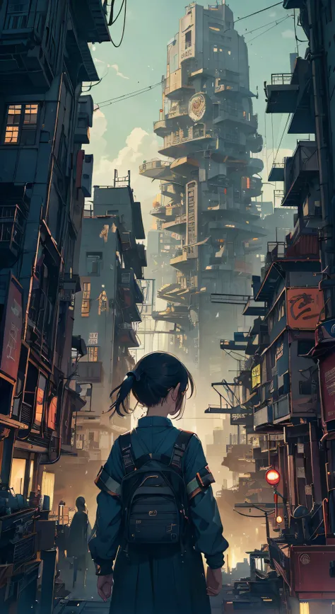 A ray of hope in a dystopia、A young girl wanders into a dark Chinese skyscraper、One little girls back in the back center of the screen、Very complex cityscape、a devastated world、pulling composition、industry、high-definition depiction、A city lined with electr...