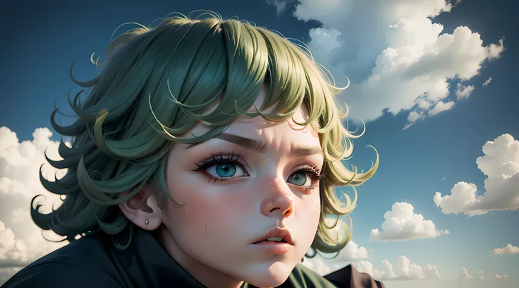 Tatsumaki (Um homem de soco) Looking at clouds in awe, foco no rosto