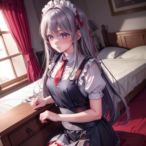 {Best quality}, {ultra - detailed}, {very detailed illustration}, silber hair, Aimei, embarrassed from，nedium breasts，Red blush，black necktie，{suspender skirt}，Suspenders，skirt by the，Casual clothing，a bed，Cool eyes，maid，lay on back，Chest rubbing