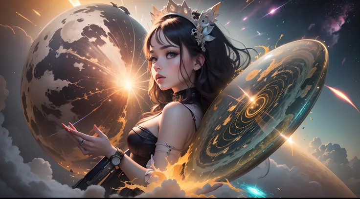 Pintura de una mujer llevando una perla blanca , estilo = Retro-futurismo, Hollow Earth Infographic, Minigun, inspirado por Gil Elvgren, Anamorphic panoramic screen, Watch the nuclear explosion, Estrellas espaciales bonitas, Un guerrero esmeralda rubio, al...