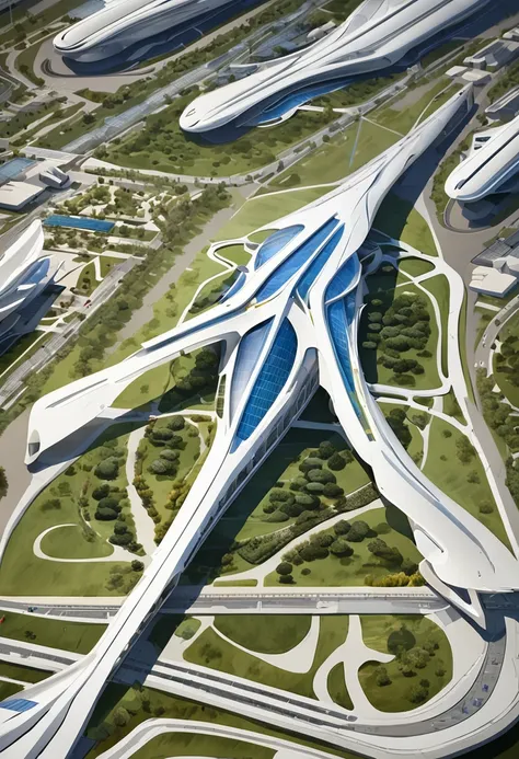 an aerial view of a large airport with a lot of airplanes, no futuro telhado do aeroporto, Directed by: Zha Shibiao, aeroporto, Zaha Hadid Arquitetura, arquitetura de estilo zaha hadid, inspirado em Zha Shibiao, Pequim, Tilt Shift Zaha Hadid Fundo, no esti...