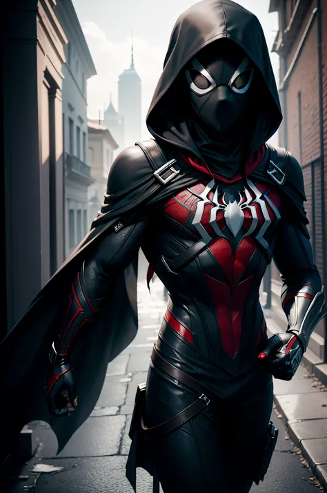 assassins Creed pointy black hood spider-man 2099, black head, Minimalist plain white lower body suit, black mask, black shoulders, small red neon LED details, male spider-gwen ghost-spider influences, showing brunette hair, photorealistic, volumetric ligh...