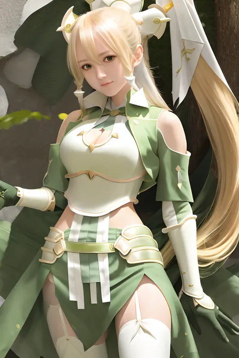 masterpiece, best quality, highres, 1girl leafa ponytail, breastplate detached sleeves green skirt white thighhighs hip vent standing