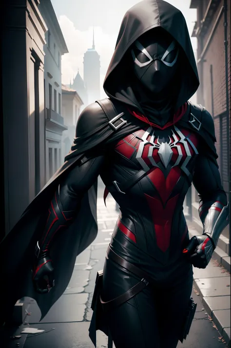 assassins Creed pointy black hood spider-man 2099, black head, Minimalist plain white lower body suit, black mask, black shoulders, small red neon LED details, male spider-gwen ghost-spider influences, showing brunette hair, photorealistic, volumetric ligh...