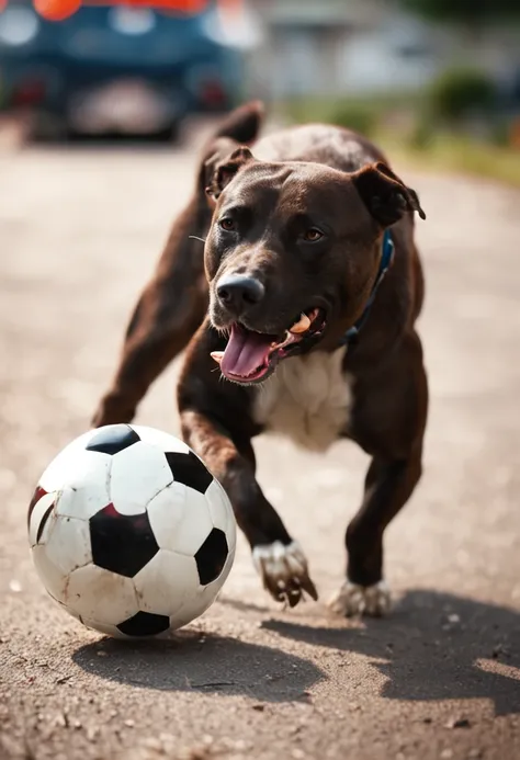 Dog kicking a soccer ball