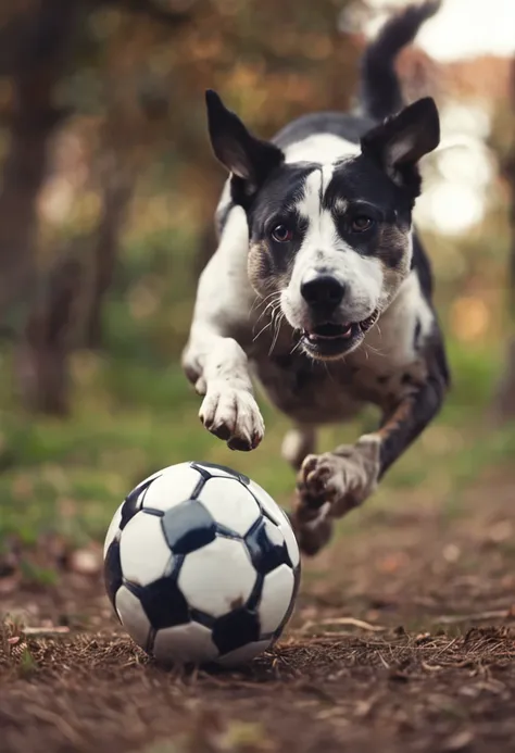 Dog kicking a soccer ball