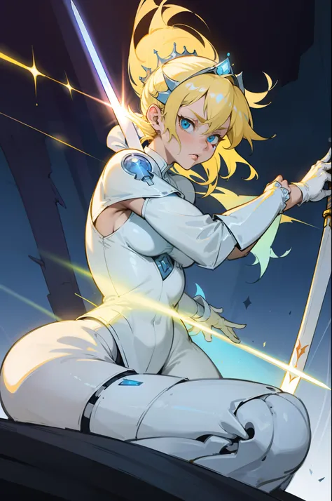 there is a drawing of a woman with a sword in her hand, blonde female jedi, dressed like a cleric, ferra white mecha, laser wip, simple futurist cyborg empress, white glowing aura, glowing lens flare wraith girl, female jedi, clear outfit design, princess ...