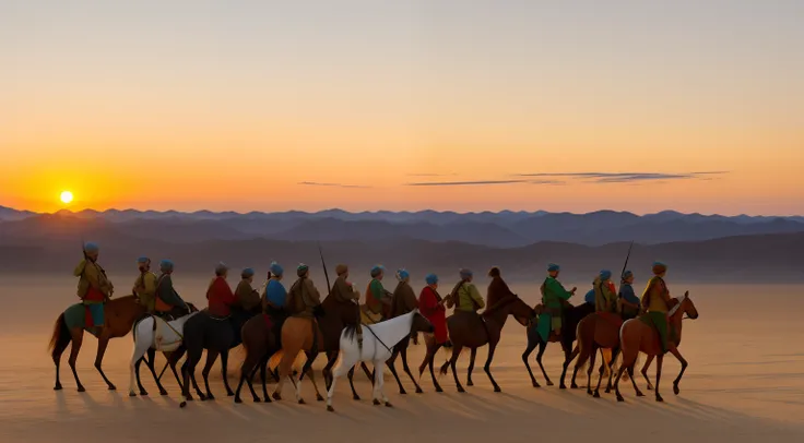 Pashtun tribes gathering on the horizon, war drums resonating, sunrise, 4K, --gs 25 --ar 16:9]