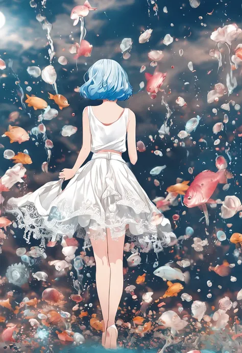 Hai Girls Short blue hair, short white skirt, jellyfish decoration on the head, flowers, waves, beautiful legs, toes