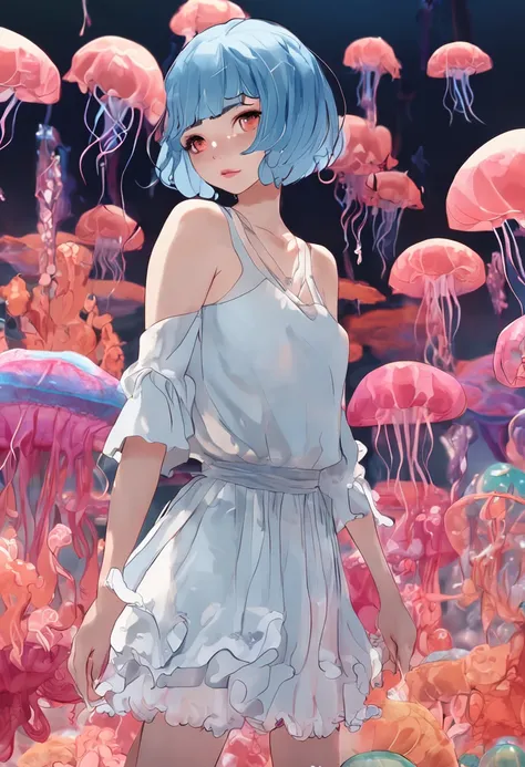 Hai Girls Short blue hair White skirt Jellyfish decoration on head Flowers Waves Beautiful legs Toes Panties Open legs