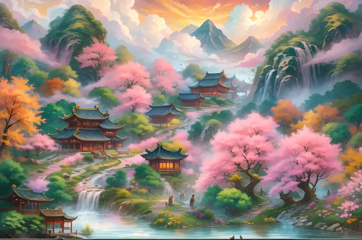 China-style，Fairy tale novel scenes，High hills，Spring water，The tree，The loft surrounded by mountains is reflected in colorful auspicious clouds，In the distance, The crane flew away，surrounded by cloud，super-fine，8K，best qualtiy，Works of masters，oc rendere...