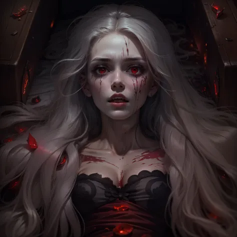 Realistic and detailed image of a beautiful and dead woman, Dark and pale skin, 20 years old, Lying in the coffin with a livid face, Red and demonic eyes opened