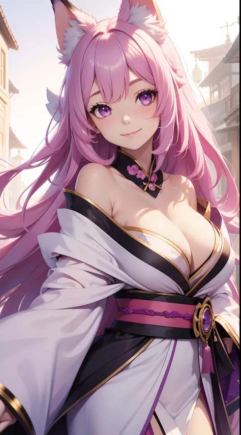 young girl, long pink hair, Fox ears, Heterochromia, left white and right purple eye, Purple kimono, open shoulders, Huge-breasts, Smile, Masterpiece, hiquality