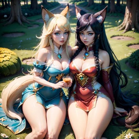 (Obra-prima, Melhor qualidade, Highres:1.4), Single person photo, Detalhado, 3D, Detalhes intrincados, 8K, 1Girl, (Solo:1.4), sexy, (Ahri (league of legends):1.4), Cabelo preto, Cabelo Comprido, ((Orelhas de Raposa, multiple white tails of Fox, rabos longo...