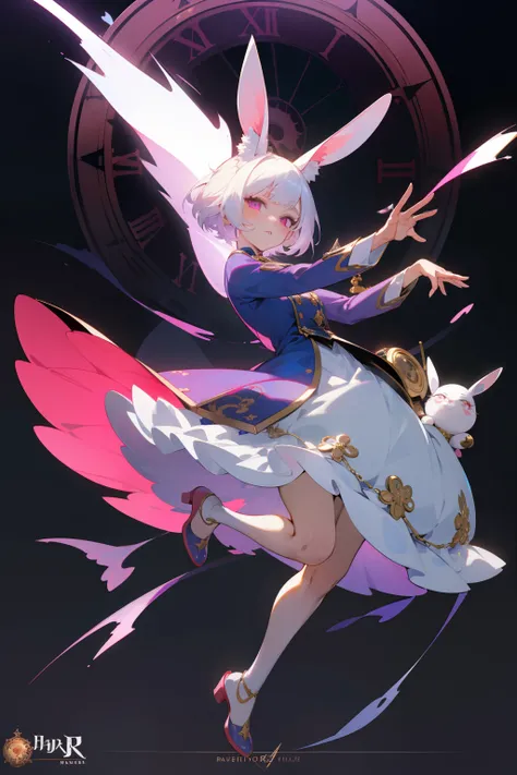 tmasterpiece, White hair anime female character with rabbit ears, , Shows fullness , Jacket, stretch pose, with a dynamic pose ((full bodyesbian)) , white colors、Red and purple,, trending on artstation pixiv, 2 d anime style, Anime character art, detailed ...