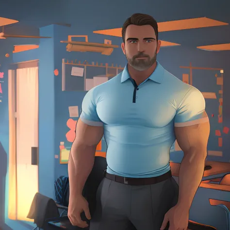 Long dark hair , dad , light blue polo shirt , teacher , classroom