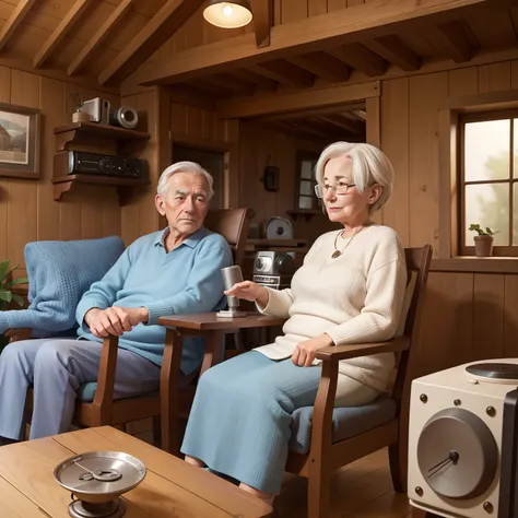 old couple sitting on armchairs in a cozy cottage listening to their big old radio, radio, lots of details, old couple listening to the radio, high quality