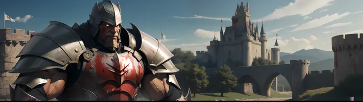 old man knight, armored, castle background, muscular, wearing armor, blood in armor, blood