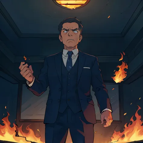 A middle-aged man，dressed in a suit，Stand on the podium of the classroom，angry look，The body is surrounded by flames，Supernatural abilities