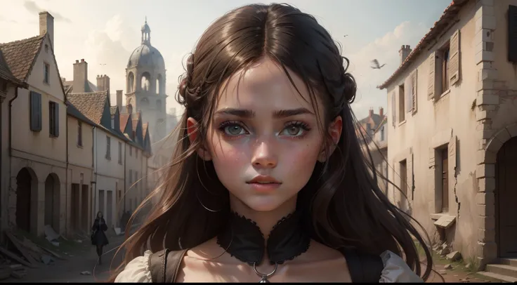 beautiful young girl against the background of the ruined houses of France in 1350, three-quarter close-up, plague, rats everywhere, blurred background, cinematic lighting, high detail, very detailed, detailed skin, detailed eyes, look at the camera, compe...