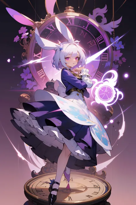 tmasterpiece, White hair anime female character with rabbit ears, , Shows fullness , Jacket, stretch pose, with a dynamic pose ((full bodyesbian)) , white colors、Red and purple,, trending on artstation pixiv, 2 d anime style, Anime character art, detailed ...