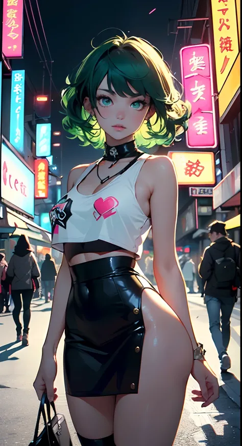 girl youtuber,(((1girl))),((extremely cute and beautiful green curly-haired anime girl walking down the street)),

(short breasts:1.4),(((green curly hair:1.35,very curly hair,colored inner hair,ear breathing,short hair))),((green eyes:1.3,upturned eyes:1....