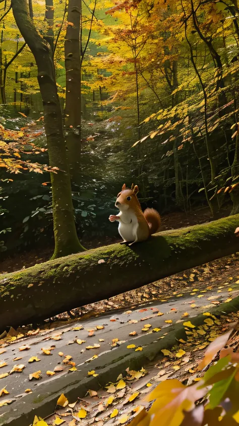 Ein niedlicher Tier-Cartoon, a little squirrel, das auf einem Ast in einem herbstlichen Wald balanciert, vivid colors of the leaves surround it, klare Herbstluft, a sense of adventure and freedom, digitale Illustration, --ar 16:9 --v 5