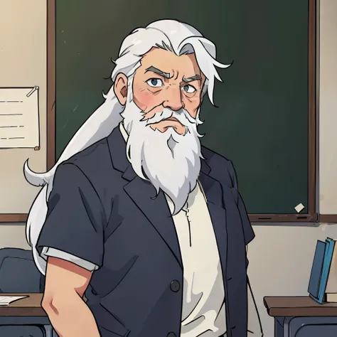 An old man with white hair and a long beard，Stand in the classroom，face expressionless，apathy，Upper body display