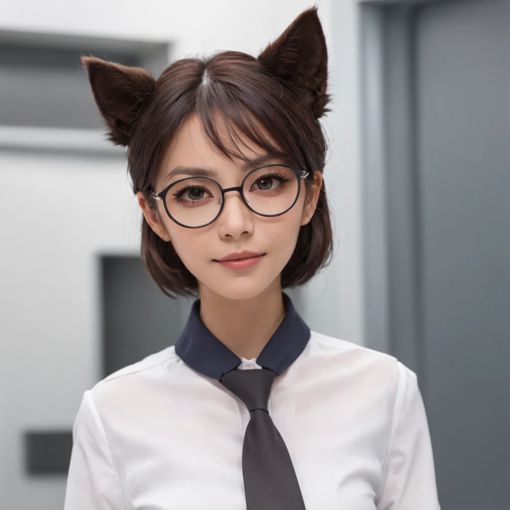 1girl, short black bob hair, yellow eyes, Round glasses, tan skin,dark skin ,BROWN SKIN, SHE HAS LIGHT BROWN SKIN, petite body, wearing plain white formal work shirt, wearing long black pants, business tie, absurdres, high res, ultrasharp, 8k, masterpiece,...