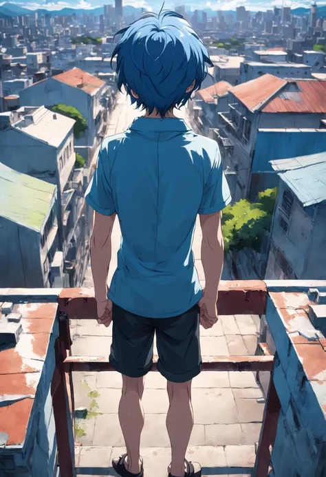 From behind we see a 15-year-old boy, Long blue hair from splendid to the camera standing Shirtless 15-year-old boy looks at a city fence from the top of the school roof Sadly pensive, su cabello es de color azul, lo vemos desde la espalda