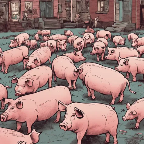 Create an illustration with drawing strokes over this text: 	
Pigs are on your side
Pigs are everywhere
Get rid of them!
Pigs are not myths...
Pigs will not save us!