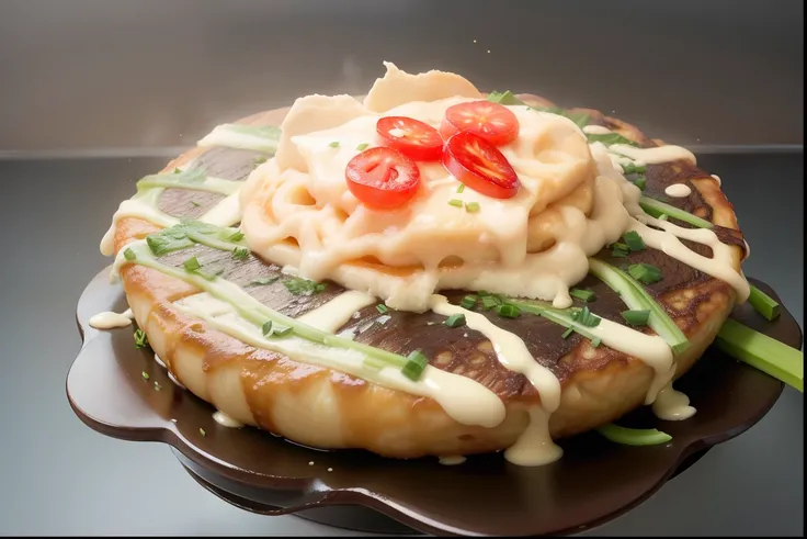 「Generate realistic looking and appetizing okonomiyaki images。In the center, thick dough is spread abundantly.、Ingredients such as cabbage and green onions are thoroughly mixed.。On top of the dough、The sauce for coloring the okonomiyaki is dripping、Next to...