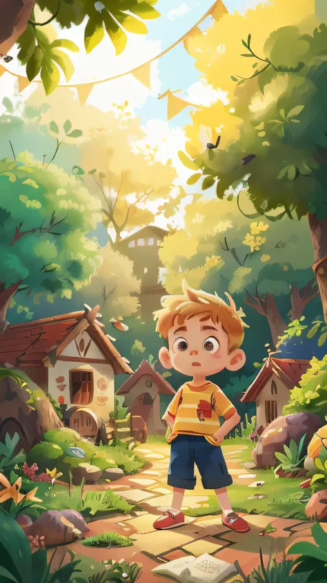 A 6-year-old blonde boy standing in a garden, high quality, foco claro (mess - house: 0.8), (obra-prima: 1.2) (Realista: 1.2) (Bokeh) (Melhor qualidade) (Pele detalhada: 1.3) (Detalhes intrincados) (8K) (Detalhe Olho) (foco nítido), (assustado) (varias pos...