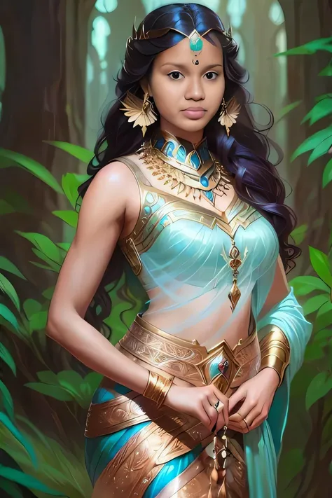 A woman in a blue and gold costume standing in a forest, pintura de personagem bonita, Artgerm Julie Bell Beeple, Indian Goddess, Artgerm extremamente detalhado, em estilo de artgerm, deusa bonita, Retrato de Darna moderno, como visto no artgerm, Um retrat...