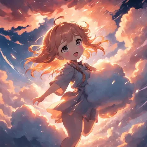 masterpiece, best quality, movie still, 1girl, cloud girl, floating in the sky, close-up, bright, happy, warm soft lighting, sunset, (sparks:0.7)