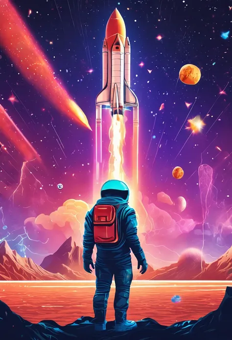 Take a thrilling photo of a space rocket taking off with a holographic image of a cryptocurrency projected onto its surface. A imagem da criptomoeda deve apresentar detalhes brilhantes e vibrantes, standing out against the dark starry sky. The scene should...