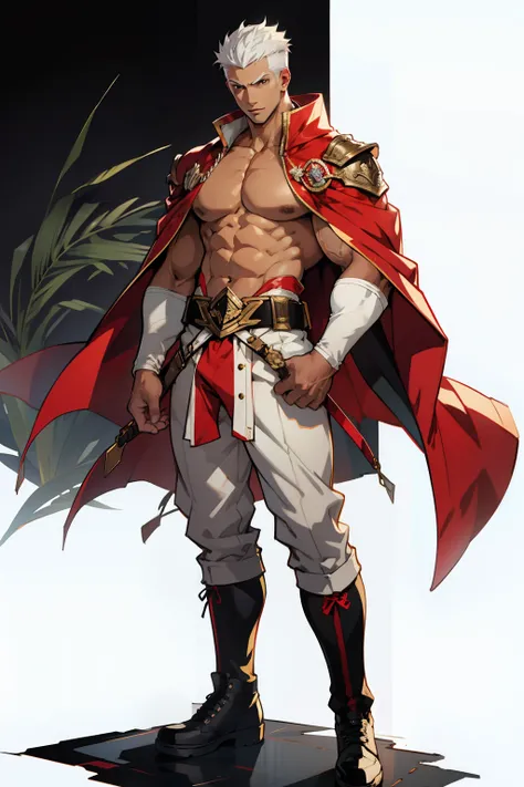 Highest image quality，male people，child，1 boy，Young and handsome，shoun，White color hair，Short flat top hair，Dark  skin，anime big breast，anime wallpaper，Solo，malefocus，Briefs，Dilation of the pectoral muscles，Red cape，Bulging crotch，Urban background，Sexy,(Ma...