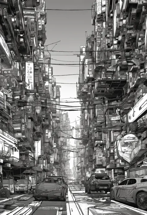 melhor qualidade, obra-prima, foto, 4K, fotorrealista, altamente detalhado, mapa 3d, techwear, cidade cyberpunk, solo, futurista, enorme lua ao fundo, preto e branco, por Akira Toriyama, close-up,