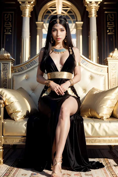 cleopatra, egyptian queen, light brown eyes, glowing eyes, black glossy hair, long hair, resting on a cushion, golden dress, glowing dress, egyptian palace, golden ornaments, look of pride, lower point of view, lens flares, raytracing reflexes, iridiscente...