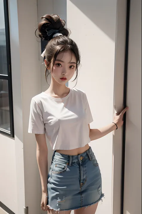 There was a woman standing by the wall，in a white shirt, with ripped crop t - shirt, wearing a crop top, Korean girl, Gorgeous young Korean woman, wearing a cropped top, wearing tight simple clothes, dressed in a white t-shirt, Casual clothes, korean women...