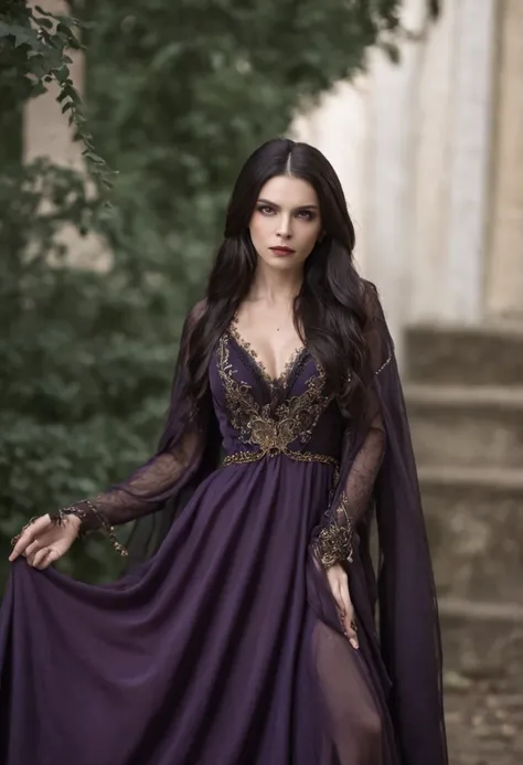 Dark-haired long-haired woman in a dark purple dress with a black shawl, Golden horned tiara, Evil Look, Magic, evil