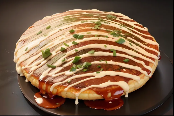 「Generate realistic looking and appetizing okonomiyaki images。In the center, thick dough is spread abundantly.、Ingredients such as cabbage and green onions are thoroughly mixed.。On top of the dough、The sauce for coloring the okonomiyaki is dripping、Next to...