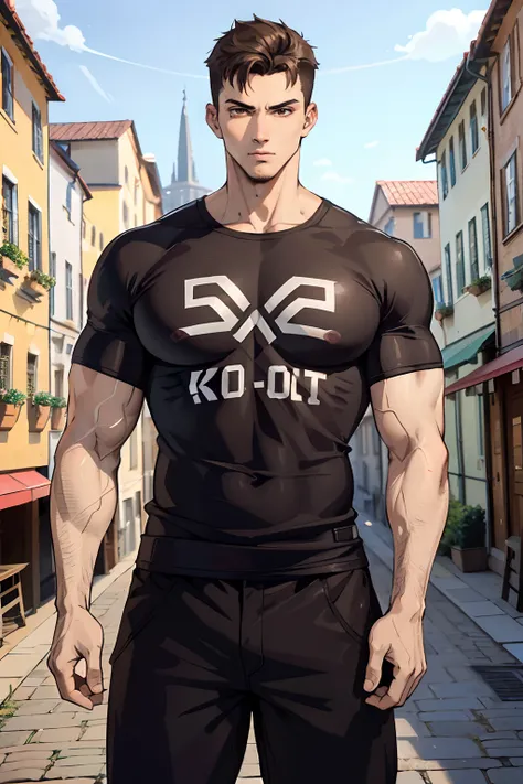 normal clothes, T-shirt, black clothing color, young man, 20 years, light brown hair, short hair, brown eyes, muscular, strong, tall, 6.3 foot tall, confident pose, a tiny bit chubby, masterpiece, European village background, street background