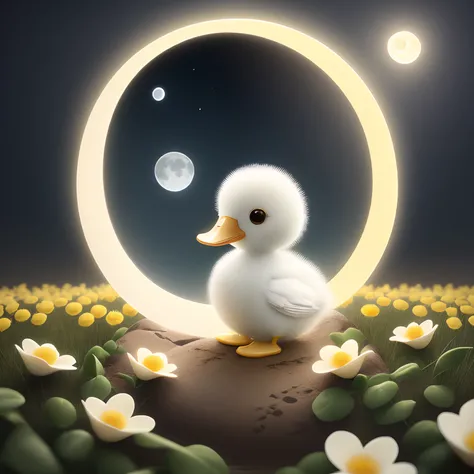 Cute baby white ducks, yellow flowers, moon