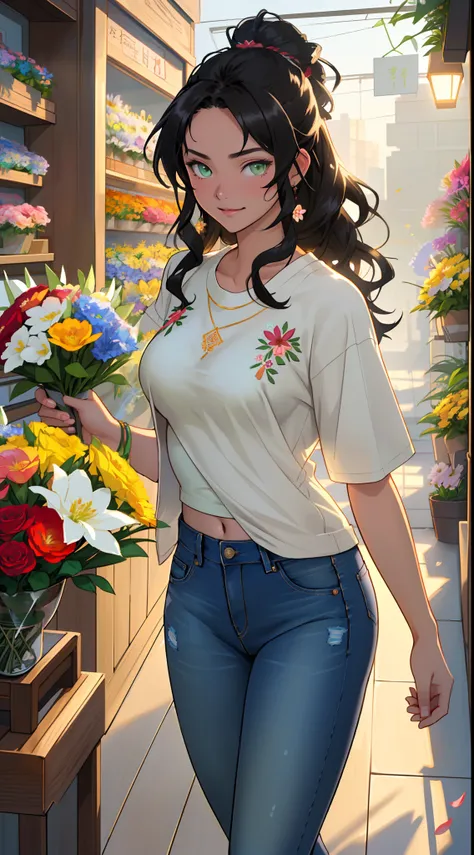 ((((A young woman))), 独奏, the anime, ( Green eyes), (black hair), Nice face, ssmile, the perfect body, Wavy Hair, hairlong, (((morena))), big breastes, ((tmasterpiece, beste-Qualit)), illustartion, ультра детализированная 8k, Photorealistic, sharp-focus, h...