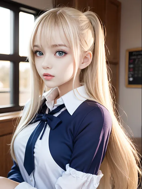 portlate、School Uniforms、bright expression、poneyTail、Young shiny shiny white shiny skin、Best Looks、Blonde reflected light、Platinum blonde hair with dazzling highlights、shiny light hair,、Super long silky straight hair、Beautiful bangs that shine、Glowing crys...