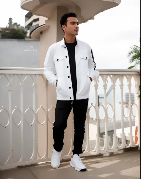 arafed man standing on a balcony with a white jacket and black shirt, with a cool pose, smooth in _ the background, shot on canon eos r 5, shot on canon eos r5, casual pose, casual photography, assamese aesthetic, mohamed chahin style, full body photogenic...