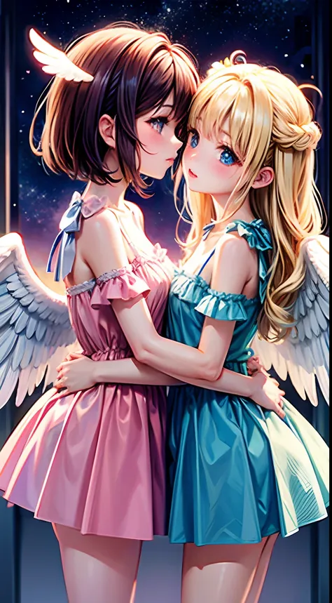 top-quality,  angel girls kiss each other、angel wings、