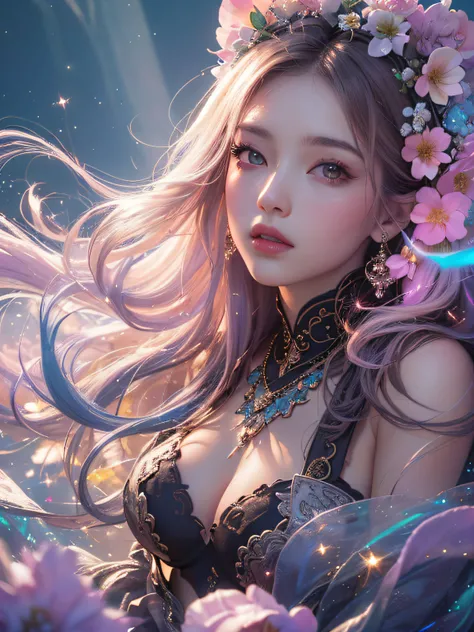 1girl, solo, flower field, blossom,  (official art, unity 8k wallpaper, ultra detailed, beautiful and aesthetic, masterpiece ,best quality:1.3), (dynamic pose, Smooth Movement, dynamic angle:1.2), (floating colorful sparkles:1.1) , elegant, vivid colours, ...